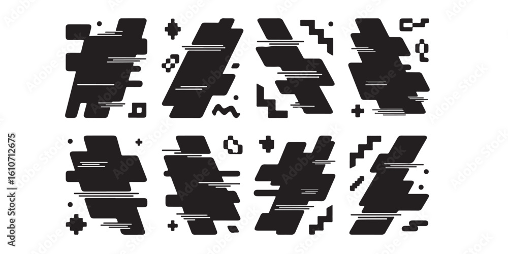 Poster abstract black shapes with horizontal lines and geometric elements on a white background pattern