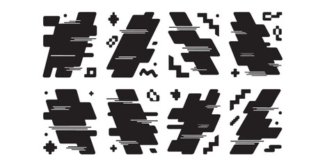 Abstract black shapes with horizontal lines and geometric elements on a white background pattern