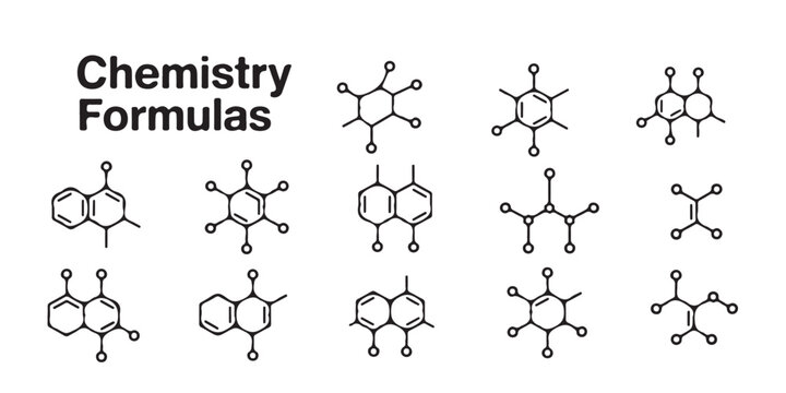 Collection of various chemistry formulas and molecular structures in black and white illustration
