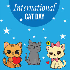 Vector illustration for International Cat Day featuring a group of three cute and happy kittens