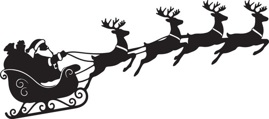 Silhouette of Santa Claus in Sleigh Pulled by Reindeer Flying Through the Air on Christmas Eve Night