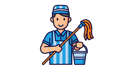 Fototapeta premium Cartoon illustration of a smiling cleaner holding a mop and bucket, ready for cleaning.