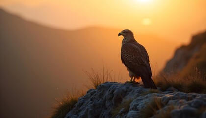 Fototapeta premium A golden eagle perched on a rocky cliff in the Scottish Highlands, bathed in the warm light of a summer sunset.