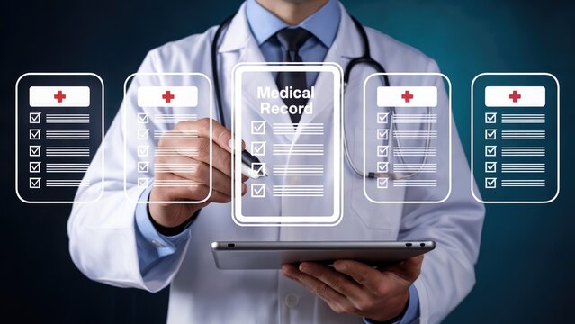 Confident doctor uses tablet and digital interface for modern medical record management and patient care