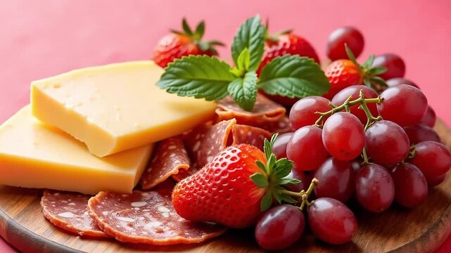 Still life of cheese slices with salami strawberries grapes and mint on a wooden serving board