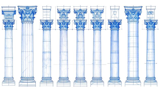 Blueprint-style illustration of various classical columns