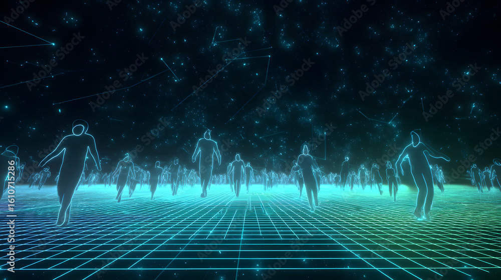 Poster digital crowd with a futuristic network: a digital rendering features a crowd of silhouetted human f