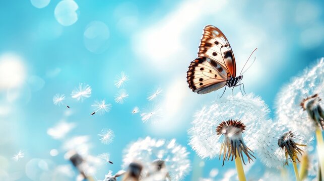 Fototapeta Blue morpho butterfly perched on delicate dandelion seed head against soft pastel sky with light clouds in natural spring meadow     