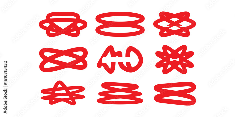 Poster nine red abstract shapes arranged in a grid on a white background with varying designs and orientati