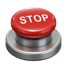 This image shows a prominent red "STOP" button, set on a metallic silver base.