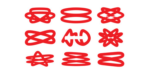 Nine red abstract shapes arranged in a grid on a white background with varying designs and orientations