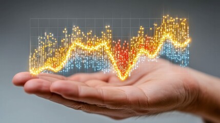 A hand holding a graph with a red, yellow, and blue line. The graph is a representation of a stock market trend