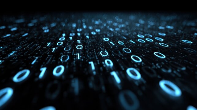 Abstract representation of binary numbers flowing in digital space, showcasing the essence of data and technology.