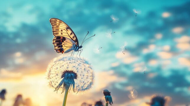 Fototapeta Blue morpho butterfly perched on delicate dandelion seed head against soft pastel sky with light clouds in natural spring meadow     