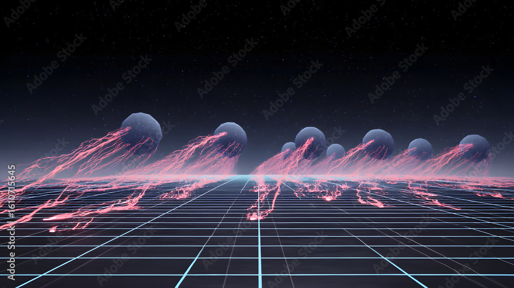 Poster abstract celestial spheres: a captivating scene unfolds featuring an array of ethereal spheres trave