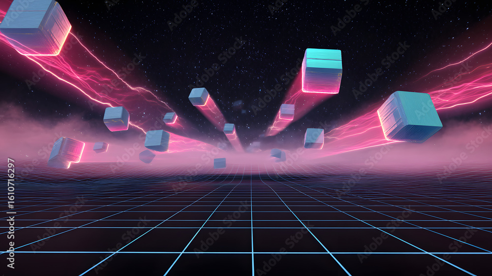 Aufkleber neon cubes amidst a digital cosmos: digital art featuring floating neon cubes suspended within a mes