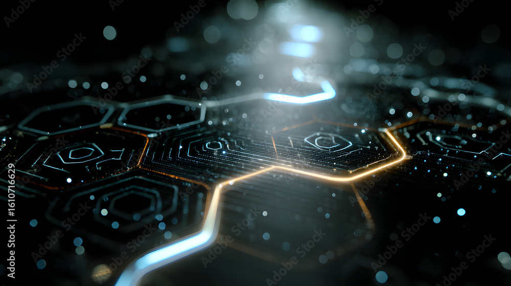 Poster digital hexagon grid: abstract, tech-focused composition featuring a network of interconnected hexag