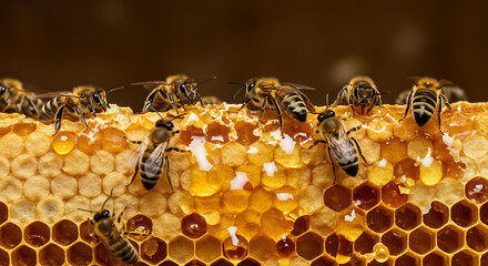 Honey Bees Working on Honeycomb Full of Fresh Honey