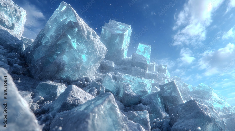 Poster a blue and white image of ice blocks and snow. scene is cold and desolate