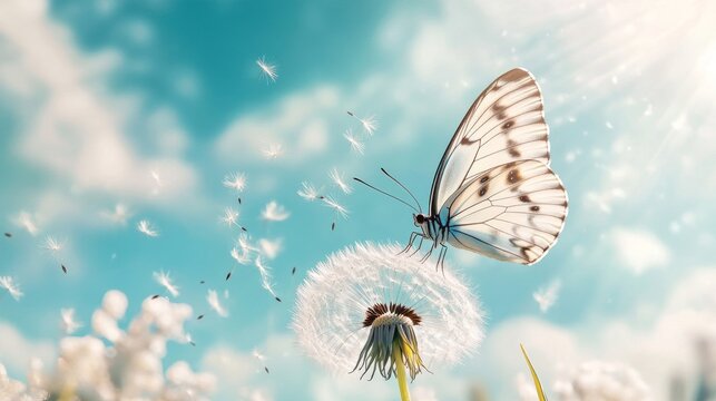 Fototapeta Blue morpho butterfly perched on delicate dandelion seed head against soft pastel sky with light clouds in natural spring meadow     
