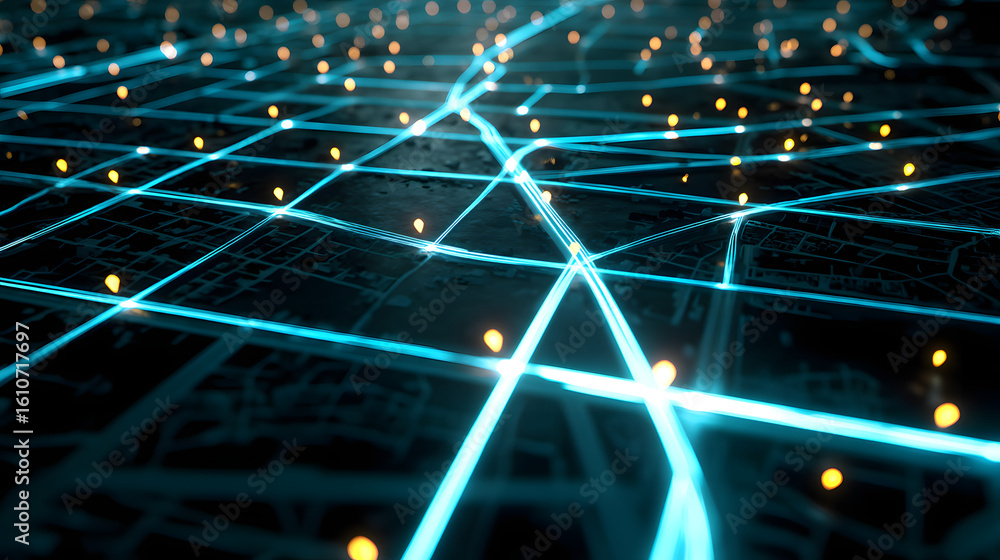 Poster digital pathways of the data flow: neon streaks dance across a grid, illuminating a complex network 