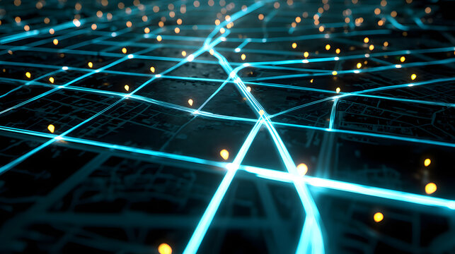 Digital pathways of the data flow: Neon streaks dance across a grid, illuminating a complex network of data transfer, embodying connectivity and the digital age.