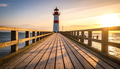 Lighthouse on a wooden pier at sunrise