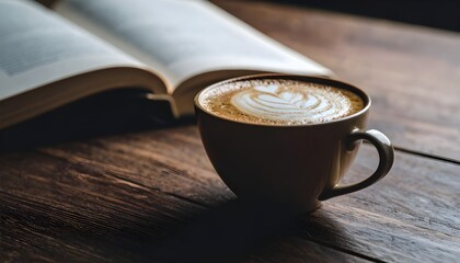 A cozy cup of cappuccino with latte art sits on a wooden table beside an open book, creating a warm and inviting atmosphere perfect for reading, studying, or relaxing coffee moments.