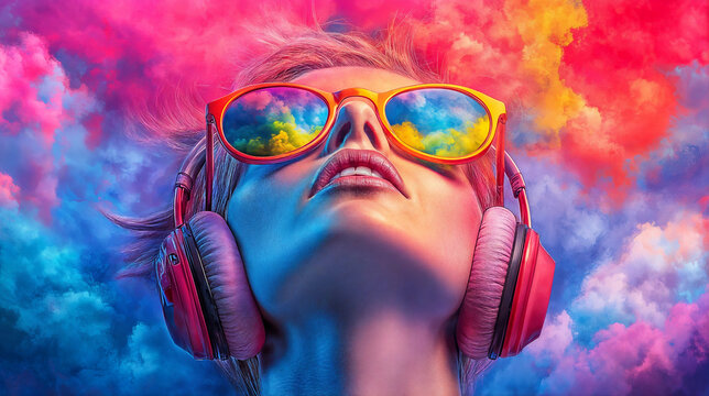 Illustration of woman with headphones in clouds