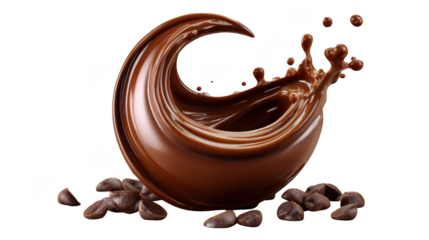 A dynamic splash of dark chocolate forms a crescent shape with scattered cocoa beans isolated on transparent background