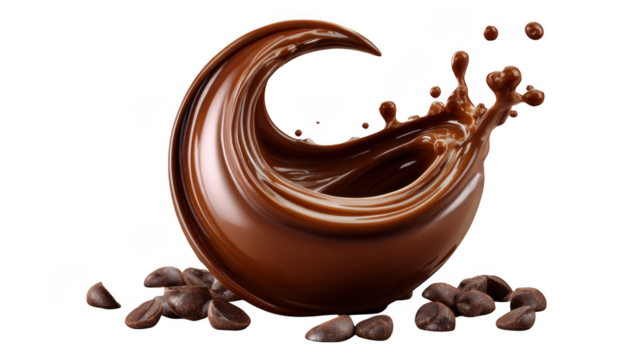 A dynamic splash of dark chocolate forms a crescent shape with scattered cocoa beans isolated on transparent background