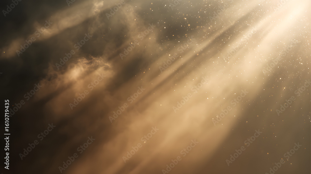 Poster celestial radiance: sunlight streams dramatically through a tempestuous sky, illuminating particles 