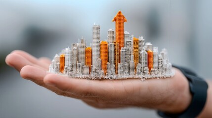 A hand holding a model of a city with a gold and white arrow pointing upwards. The city is made of paper and is very detailed