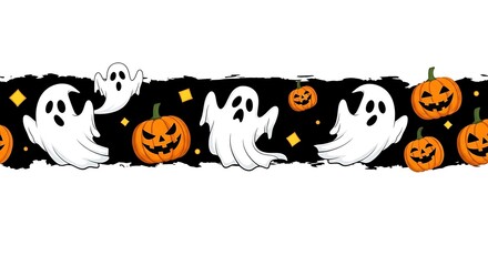 A halloween themed border with ghosts pumpkins and yellow stars on a black background design element
