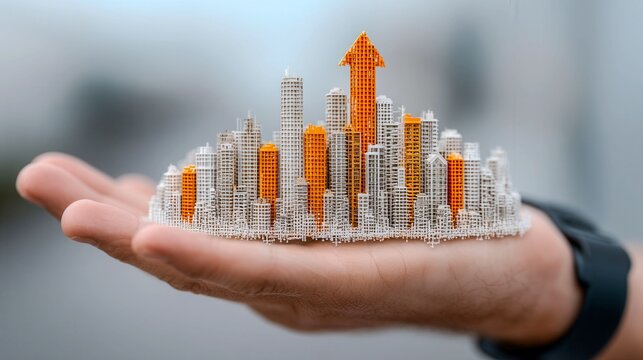 A hand holding a model of a city with a gold and white arrow pointing upwards. The city is made of paper and is very detailed