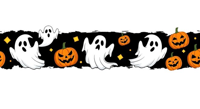 A halloween themed border with ghosts pumpkins and yellow stars on a black background design element