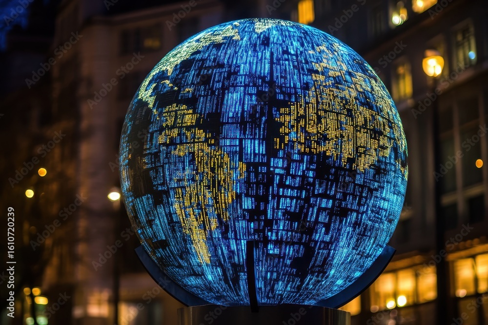 Poster stock market analysis displayed on a glowing globe representing global data processing activities, s