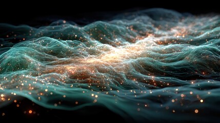 Quantum physics field lines in turquoise, abstract scientific visualization for tech-inspired art or digital concepts.