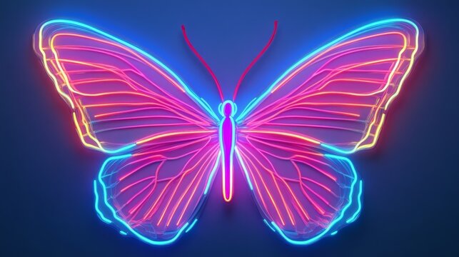 Glowing neon butterfly with vibrant wings illuminated in dark abstract background