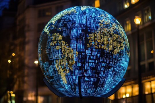 Stock market analysis displayed on a glowing globe representing global data processing activities, stock market text and data processing over globe