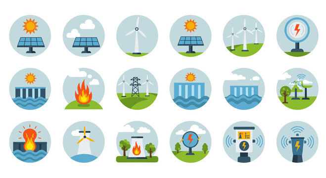 A vibrant collection of renewable energy icons showcases solar panels, wind turbines, hydroelectric dams, and other sustainable resources, illustrating eco-friendly power solutions.