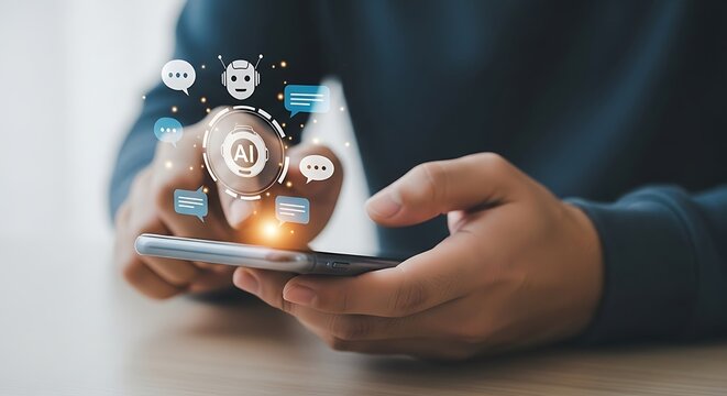 Man using AI chatbot on smartphone for customer service and automation technology solutions