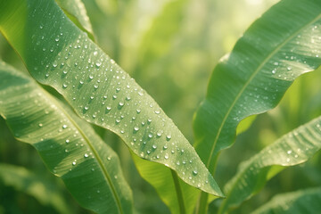 Lush tropical leaves with glistening dewdrops, vibrant green foliage in natural light, fresh and serene.