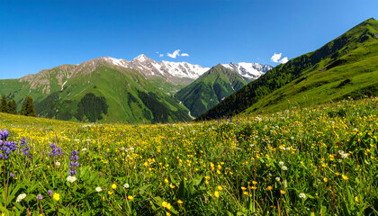 Peaceful Mountain Meadow with Wildflowers Under Blue Sky