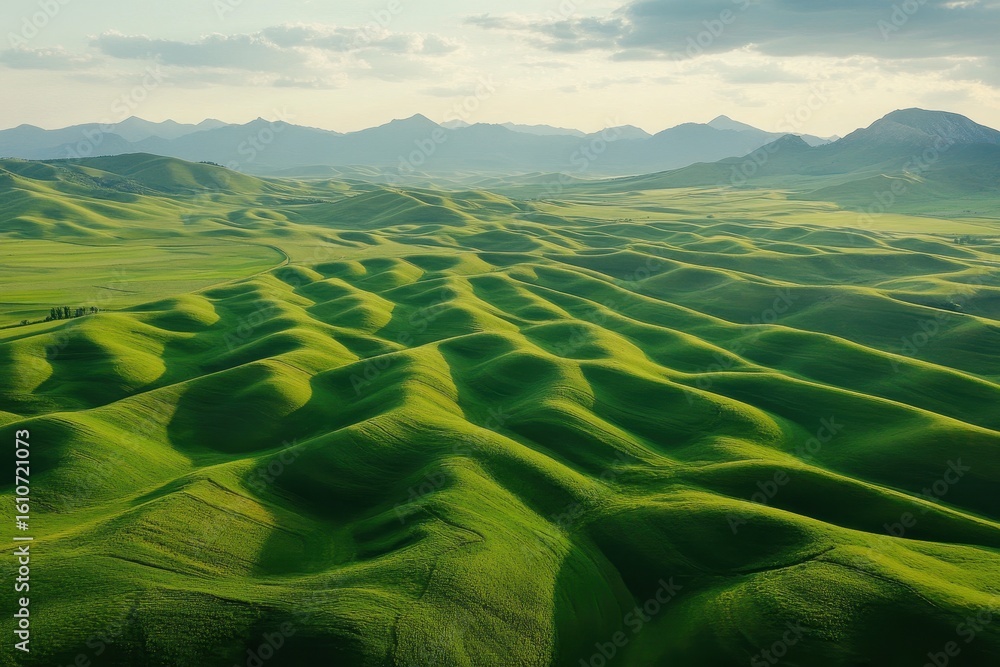Poster rolling green fields with distant mountains create a serene landscape in the afternoon light, square