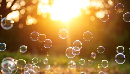 Bright sunlit bubbles float in air over grassy ground