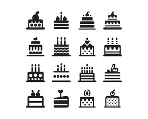Collection of sixteen black cake icons with various toppings and decorative elements on a white background