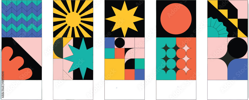 Poster vibrant geometric abstraction: a collection of colorful geometric shapes and patterns in various des