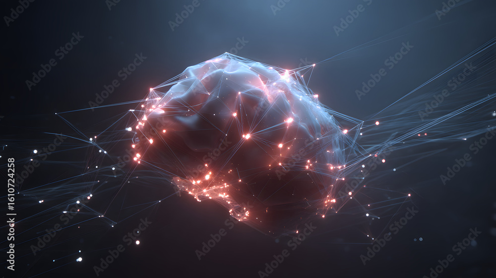 Aufkleber digital brain: a luminous, digital representation of a brain, interconnected by glowing neural pathw