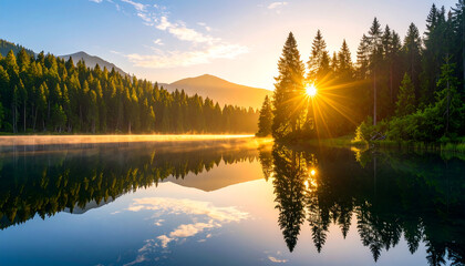 Alpine Lake with Golden Sunset Reflections and Pine Forest